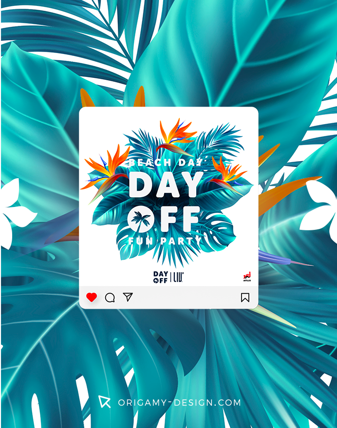 feuille-bleues-oiseaux-du-paradis-motif-dayoff-beach-party-guadeloupe-saint-francois-creat-flyer-design